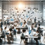 Grupo diverso de emprendedores en una oficina tecnológica colaborando frente a pantallas y pizarras digitales.