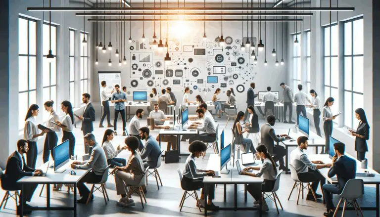 Grupo diverso de emprendedores en una oficina tecnológica colaborando frente a pantallas y pizarras digitales.