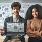 Dos estudiantes presentando un proyecto innovador en un ambiente tecnológico y de ciencia.