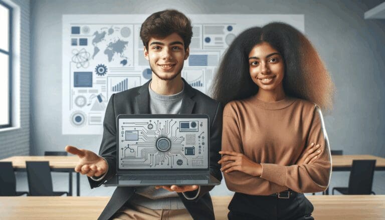 Dos estudiantes presentando un proyecto innovador en un ambiente tecnológico y de ciencia.