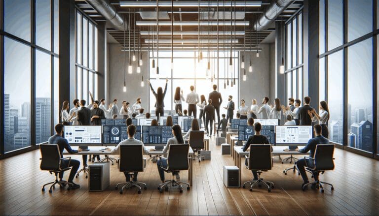 Equipo de una startup tecnológica reunido en una oficina moderna con pantallas y pizarras de trabajo.