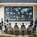 Render de una sala de juntas con emprendedores analizando datos frente a una pantalla digital futurista.