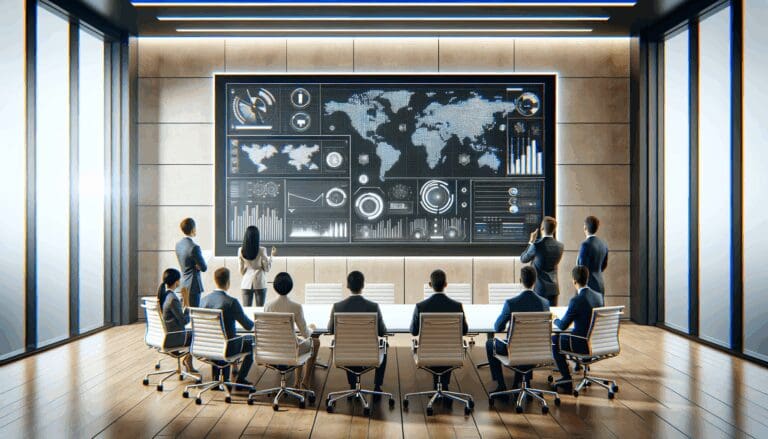 Render de una sala de juntas con emprendedores analizando datos frente a una pantalla digital futurista.