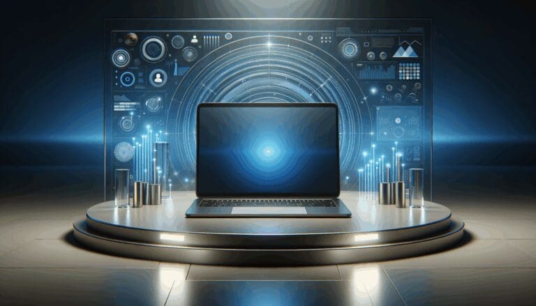 Ilustración de una laptop moderna rodeada de gráficos digitales y luces azules, en un entorno de oficina tecnológica minimalista.