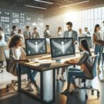 Jóvenes profesionales colaboran frente a computadoras con gráficos de IA en una oficina moderna.