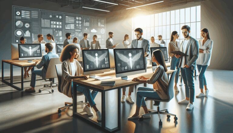 Jóvenes profesionales colaboran frente a computadoras con gráficos de IA en una oficina moderna.