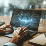 Primer plano de manos programando en laptop con fondo de gráficos digitales futuristas y ambiente de coworking.