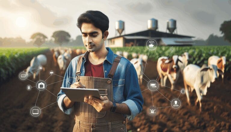 Ganadero joven usando tablet en campo con ganado y sensores tecnológicos de fondo, ambiente moderno y natural.