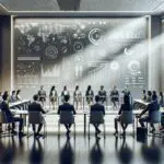 Emprendedores reunidos en una moderna sala de conferencias con tecnología avanzada.