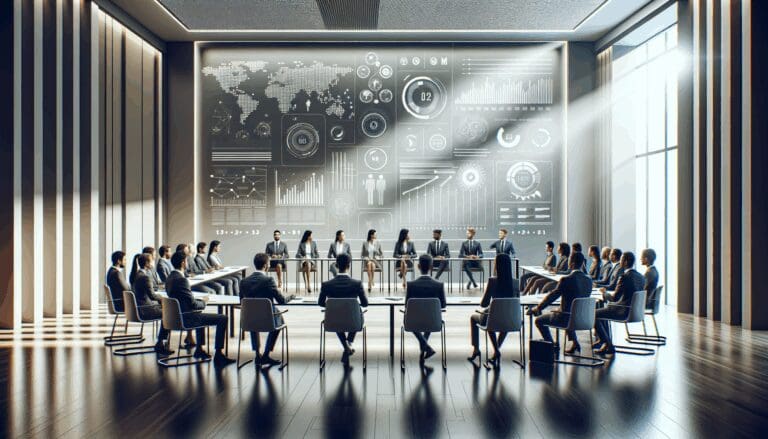 Emprendedores reunidos en una moderna sala de conferencias con tecnología avanzada.