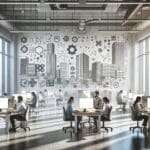 Oficinas modernas con equipos de desarrollo de software trabajando juntos, ambiente tecnológico y multicultural.