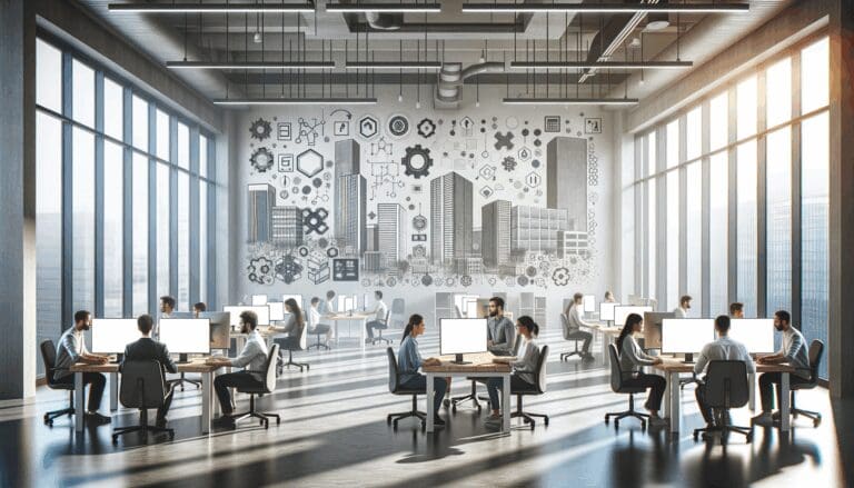 Oficinas modernas con equipos de desarrollo de software trabajando juntos, ambiente tecnológico y multicultural.