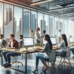 Oficina moderna con emprendedores trabajando frente a computadoras en un ambiente de startup tecnológica.