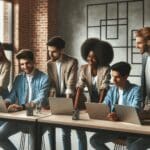 Jóvenes emprendedores colaborando en un espacio de coworking moderno con laptops y pantallas digitales.