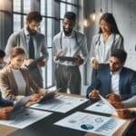 Equipo diverso de emprendedores tecnológicos analizando gráficos de datos médicos en una sala de reuniones moderna.