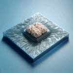 Primer plano conceptual de un chip neuronal sobre fondo azul, resaltando avances tecnológicos.
