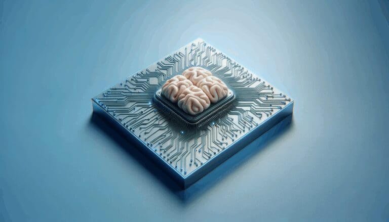 Primer plano conceptual de un chip neuronal sobre fondo azul, resaltando avances tecnológicos.