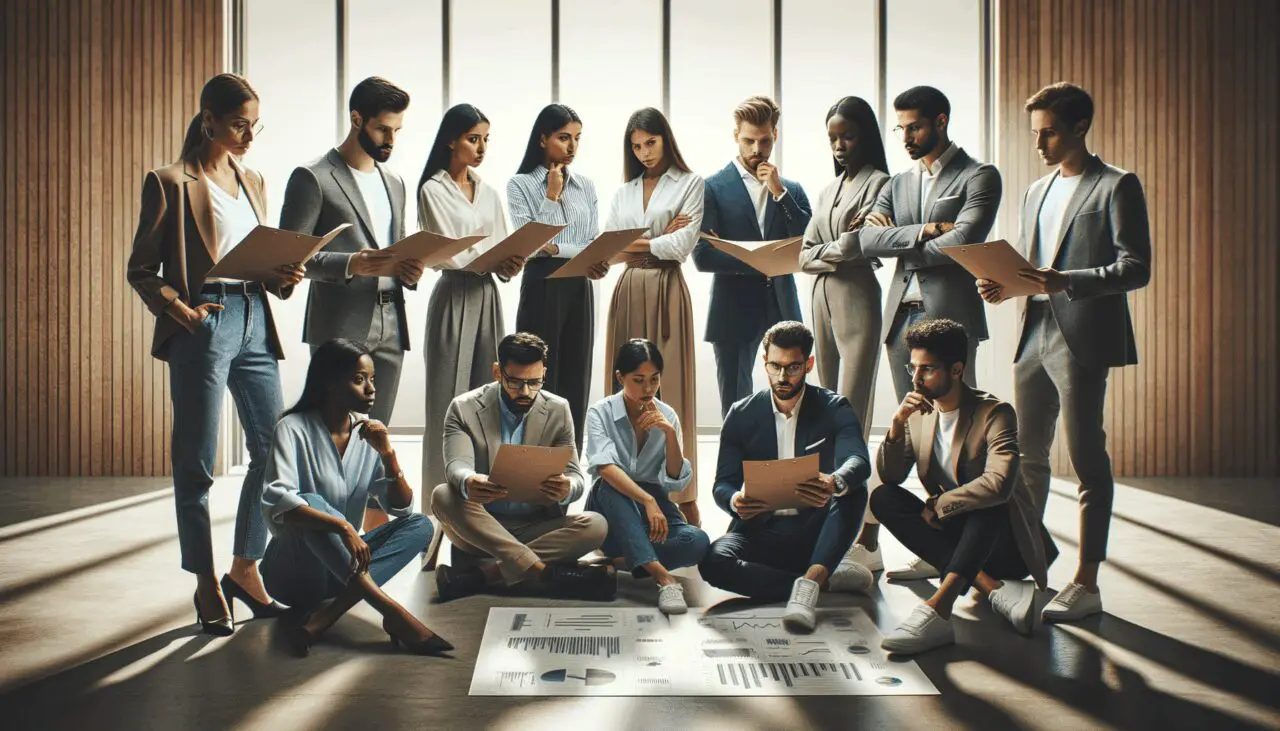 Cerca de una reunión de emprendedores mirando gráficos en una oficina moderna.