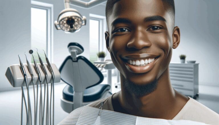 Primer plano de un paciente sonriente en una clínica dental moderna, con fondo tecnológico desenfocado.