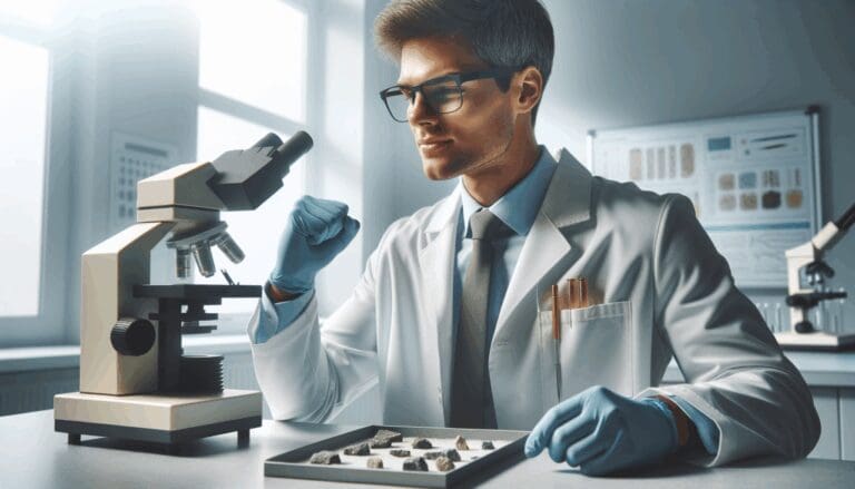 Investigador en laboratorio de minerales observando muestras con tecnología avanzada.