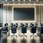 Fotografía de una junta de accionistas en una sala de reuniones moderna, ambiente profesional y tecnológico.