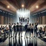 Equipo de jóvenes profesionales celebrando en un auditorio moderno iluminado, ambiente de premiación tecnológica.