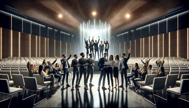 Equipo de jóvenes profesionales celebrando en un auditorio moderno iluminado, ambiente de premiación tecnológica.