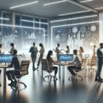 Oficina moderna con personas colaborando y gráficos tecnológicos en pantallas luminosas.