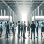 Jóvenes emprendedores conversando en un moderno centro de convenciones iluminado, con stands tecnológicos y pantallas digitales.