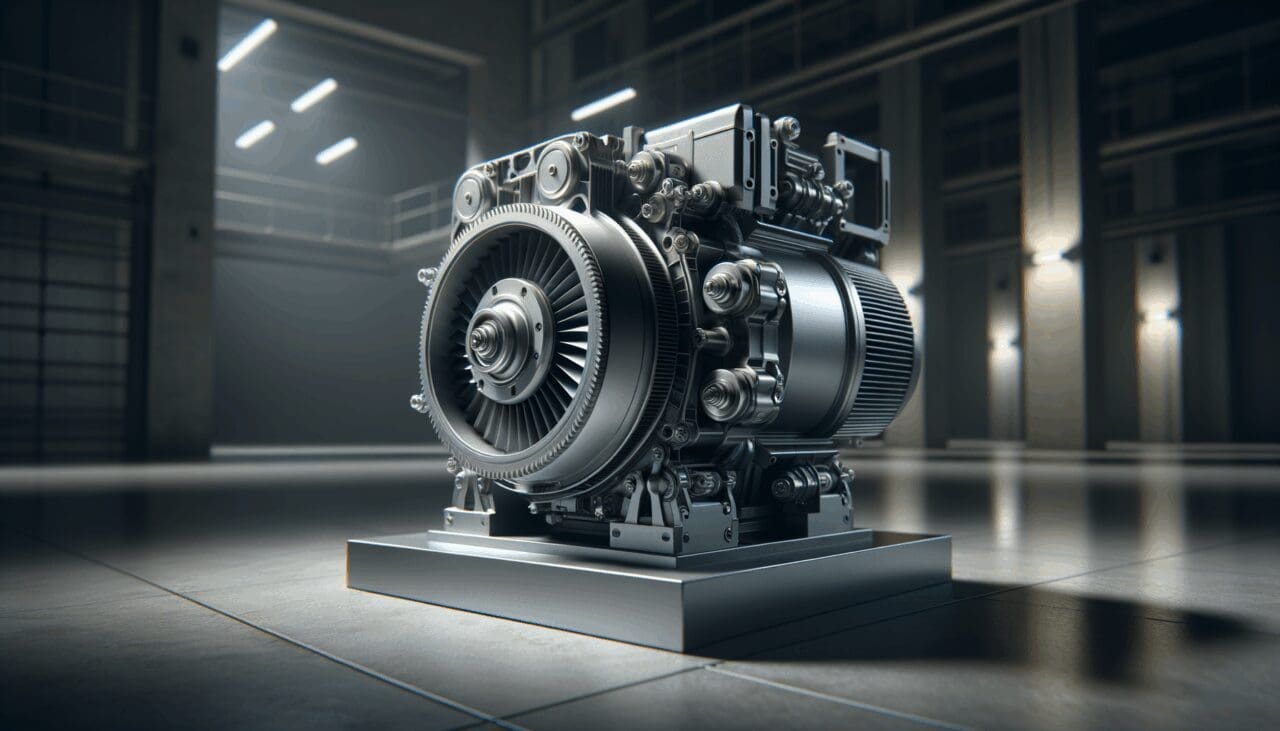 Primer plano de un motor innovador sobre fondo industrial, luces tenues resaltando componentes mecánicos del prototipo.