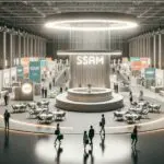 Espacio de exposición moderno en feria internacional, con stands de startups y ambiente innovador.