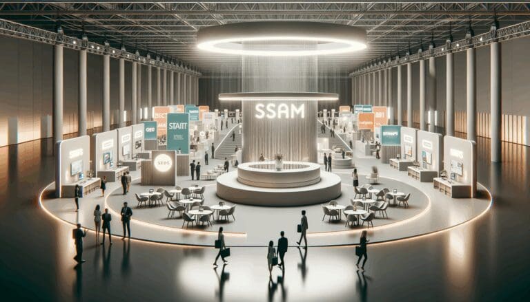 Espacio de exposición moderno en feria internacional, con stands de startups y ambiente innovador.