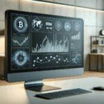 Gráficos de criptomonedas digitales en una pantalla de ordenador, con fondo moderno y tecnológico.