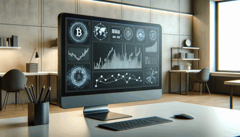 Gráficos de criptomonedas digitales en una pantalla de ordenador, con fondo moderno y tecnológico.