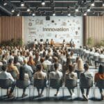 Personas reunidas en un auditorio moderno, atentos a una presentación sobre innovación y startups.
