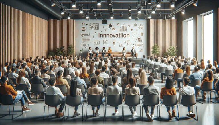 Personas reunidas en un auditorio moderno, atentos a una presentación sobre innovación y startups.