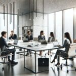 Oficinas modernas con equipo de emprendedores conversando y laptops sobre la mesa.