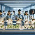 Investigadores jóvenes en laboratorio, manipulando materiales naturales en un entorno tecnológico y sostenible.