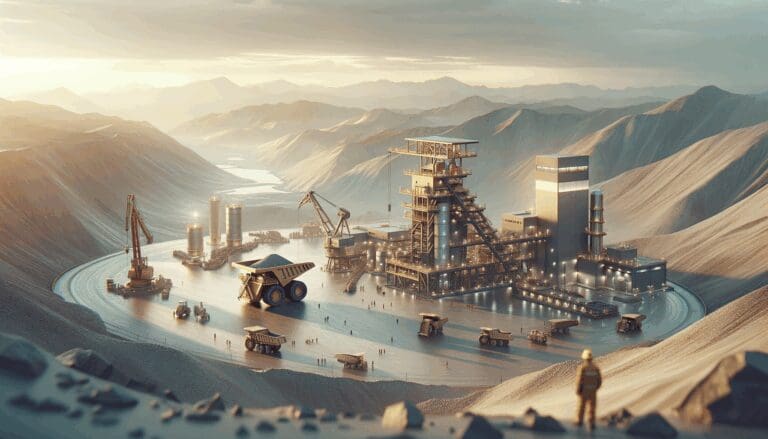 Operación minera con equipos de alta tecnología en un paisaje andino.