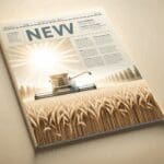 Campo de trigo bajo el sol con una cosechadora en acción