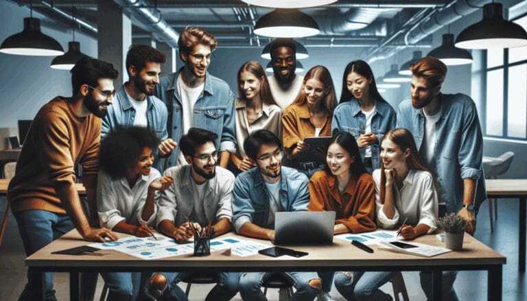 Grupos de jóvenes fundadores colaborando en un moderno espacio de coworking lleno de tecnología.