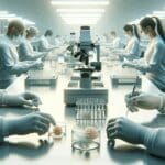 Primer plano de manos de investigadores trabajando con muestras de biomaterial en laboratorio moderno, entorno limpio y tecnológico.