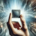 Primer plano artístico de una mano sosteniendo un microchip, fondo tecnológico difuminado.