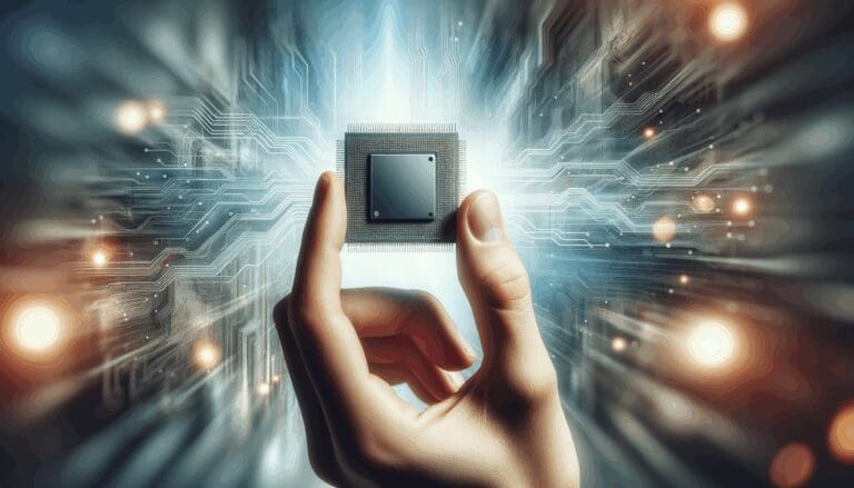 Primer plano artístico de una mano sosteniendo un microchip, fondo tecnológico difuminado.