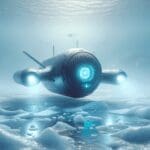 Dron submarino tecnológico navegando bajo el hielo, con luz azulada y fondo oceánico ártico