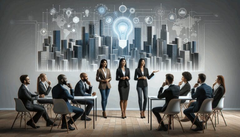 Grupo diverso de emprendedores presentando ideas en un auditorio moderno, con fondo de visualizaciones tecnológicas de ciudad.