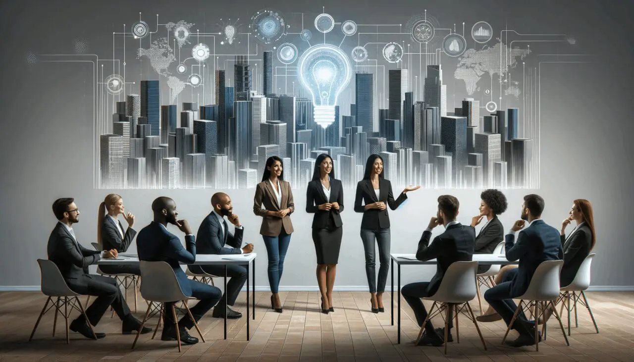 Grupo diverso de emprendedores presentando ideas en un auditorio moderno, con fondo de visualizaciones tecnológicas de ciudad.