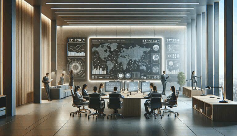 Sección de trabajo moderna con equipos tecnológicos, pantalla de estrategia y personas colaborando.