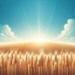 Campo de trigo bajo un cielo azul brillante, simbolizando tecnología en la agricultura.