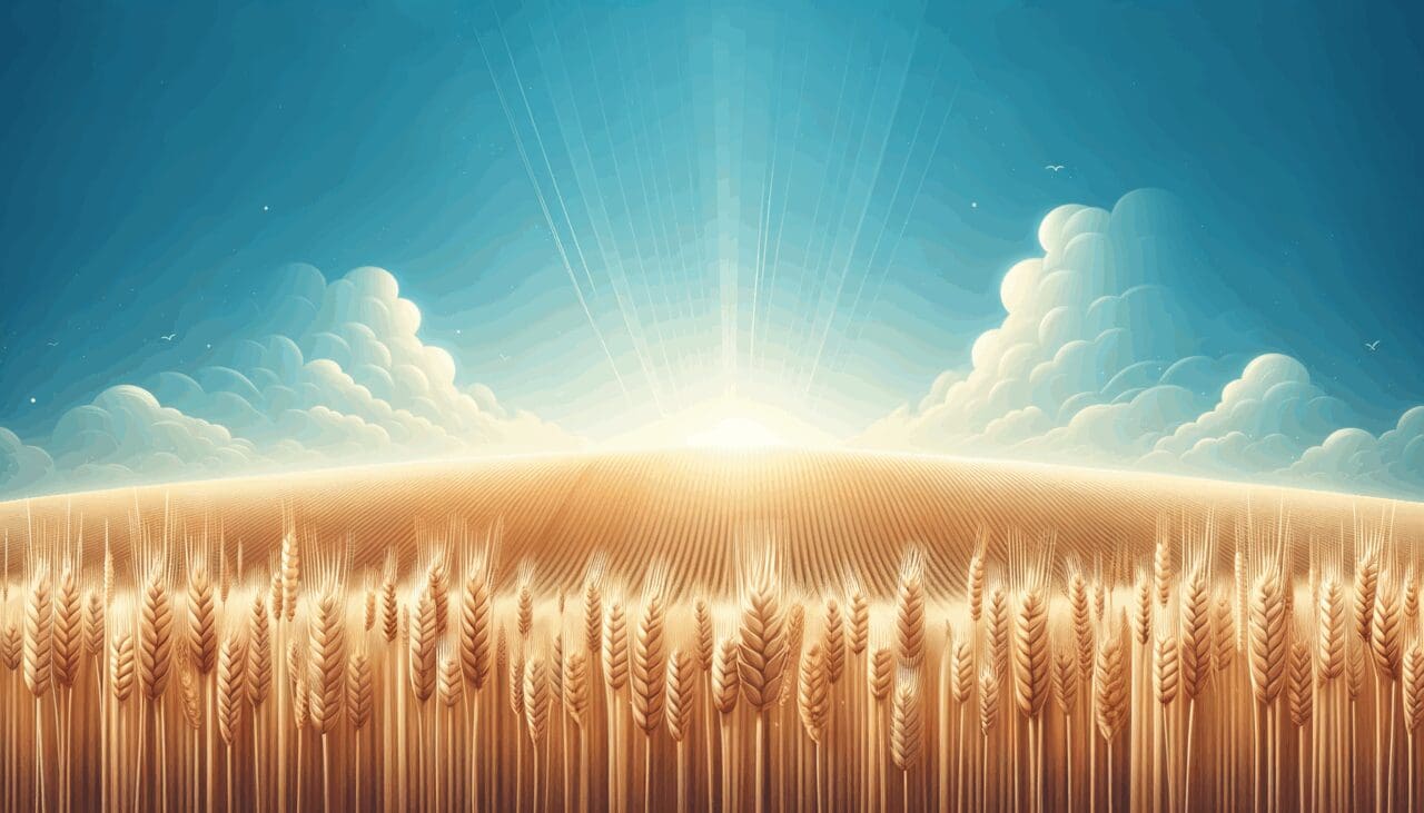 Campo de trigo bajo un cielo azul brillante, simbolizando tecnología en la agricultura.